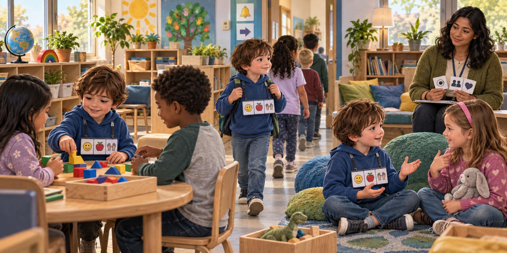A child participates in group work, a classroom transition, and peer communication while a teacher observes nearby.