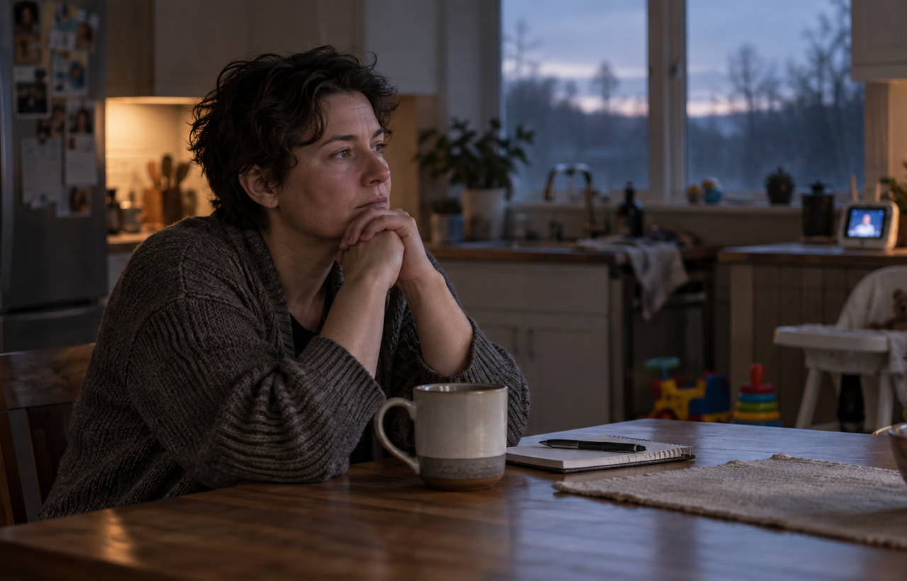 A thoughtful parent sits alone at a kitchen table before sunrise, with a baby monitor and toddler toys in the softly lit background.