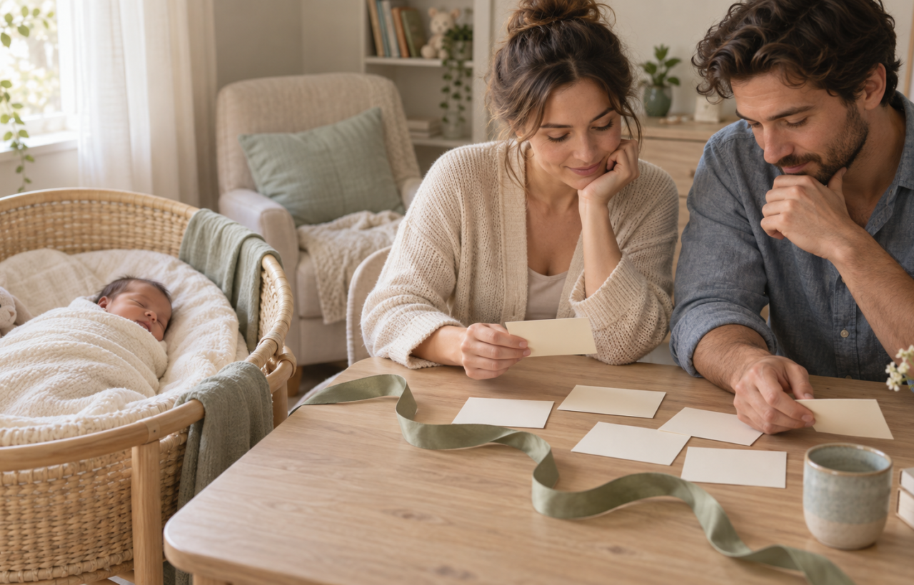 A sleeping newborn in a cream bassinet while two parents arrange blank cards at a nearby wooden table.