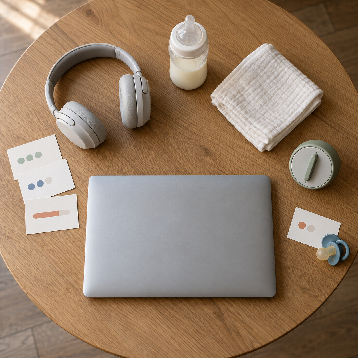 A laptop, baby supplies, headphones, timer, and blank task cards are arranged on a tabletop for short work sessions.