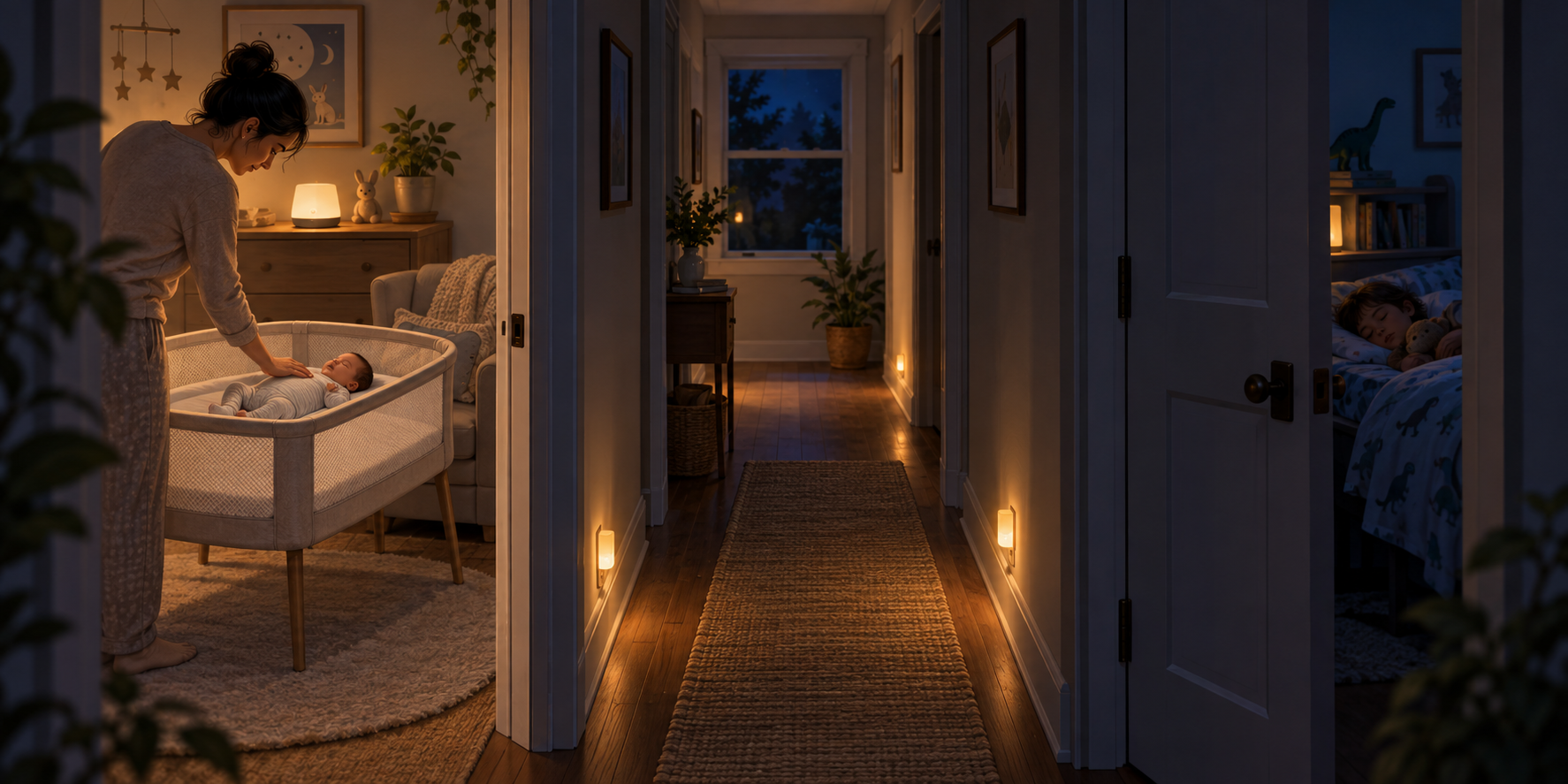 A nighttime cutaway shows a parent settling a newborn in the nursery while an older child sleeps across the hall behind a mostly closed door.