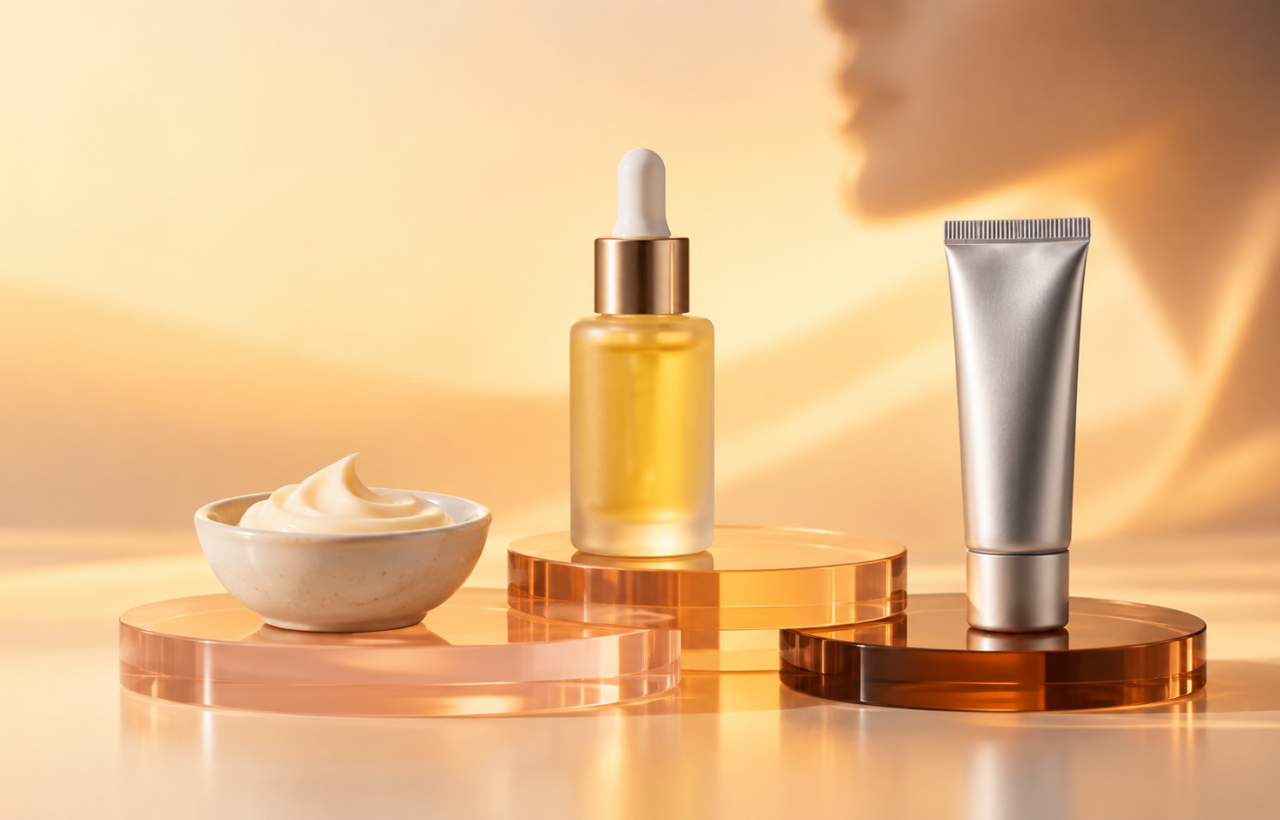 Three unlabelled skincare containers holding cream and serum are arranged on translucent peach and amber shapes against a warm neutral background.
