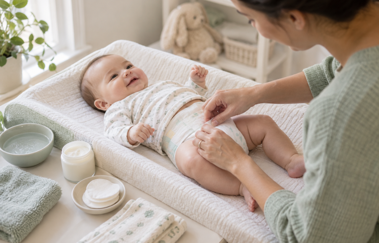 Caregiver fastening a clean diaper on a baby beside barrier ointment, washcloths, cotton pads, and a bowl of water.