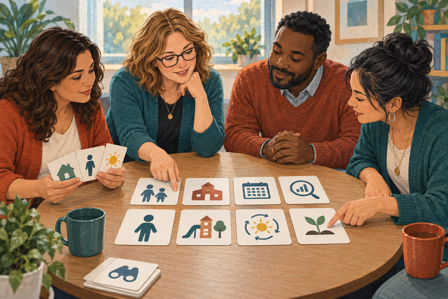 A parent and three school professionals review icon-based planning cards together during a round-table meeting.