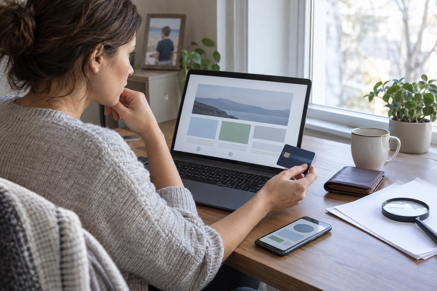 A parent reviews a laptop offer beside a closed wallet, blank papers, a magnifying glass, and a smartphone.