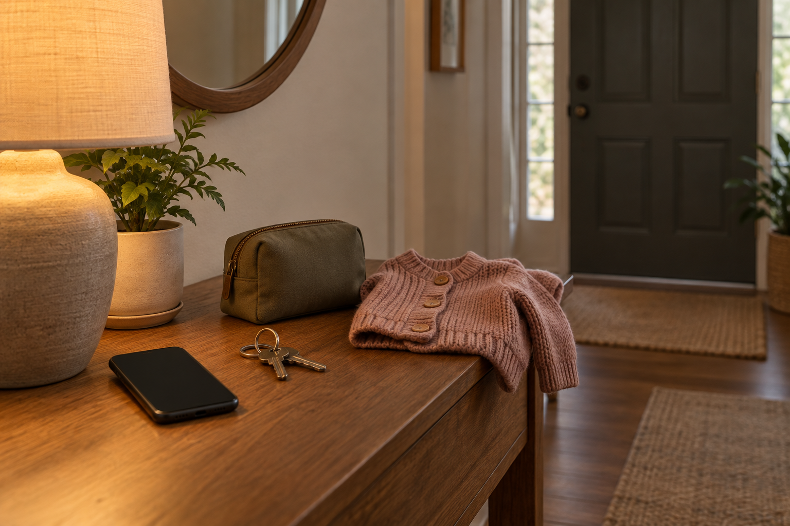 A phone, keys, small pouch, and child's cardigan rest on a hallway table beside a closed front door.