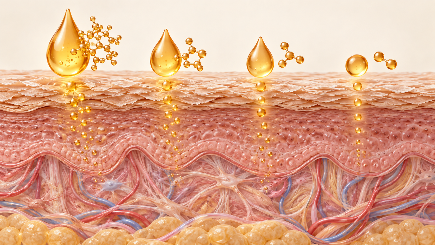 A cutaway illustration of layered human skin shows amber droplets and abstract molecular shapes changing as they move toward the skin surface.