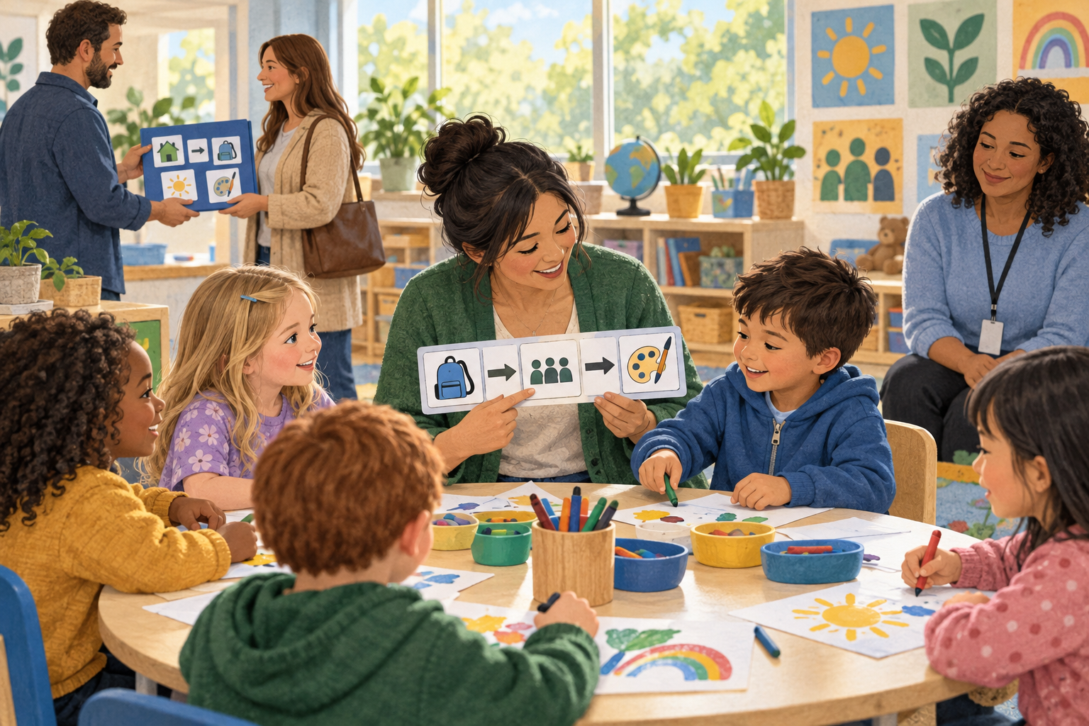 A teacher uses picture supports as a child joins a classroom activity while a parent and educator exchange a folder nearby.