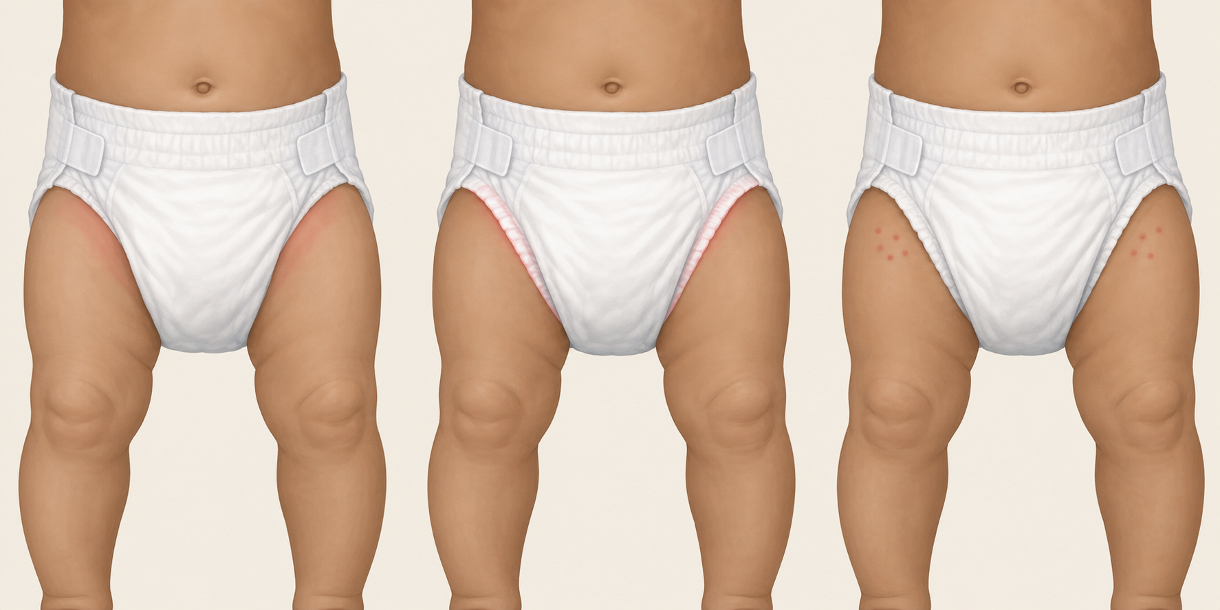 Three illustrated views of a diapered baby's lower abdomen and thighs showing different non-graphic patterns of redness around the diaper area.