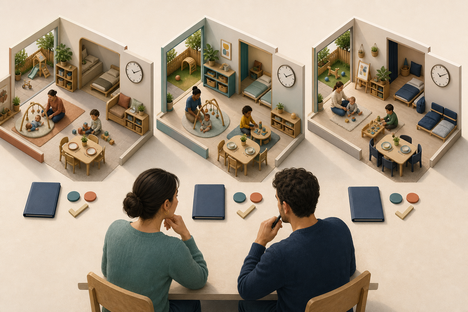 Parents compare three childcare settings presented from the same angle with matching schedule, contract, and cost symbols.