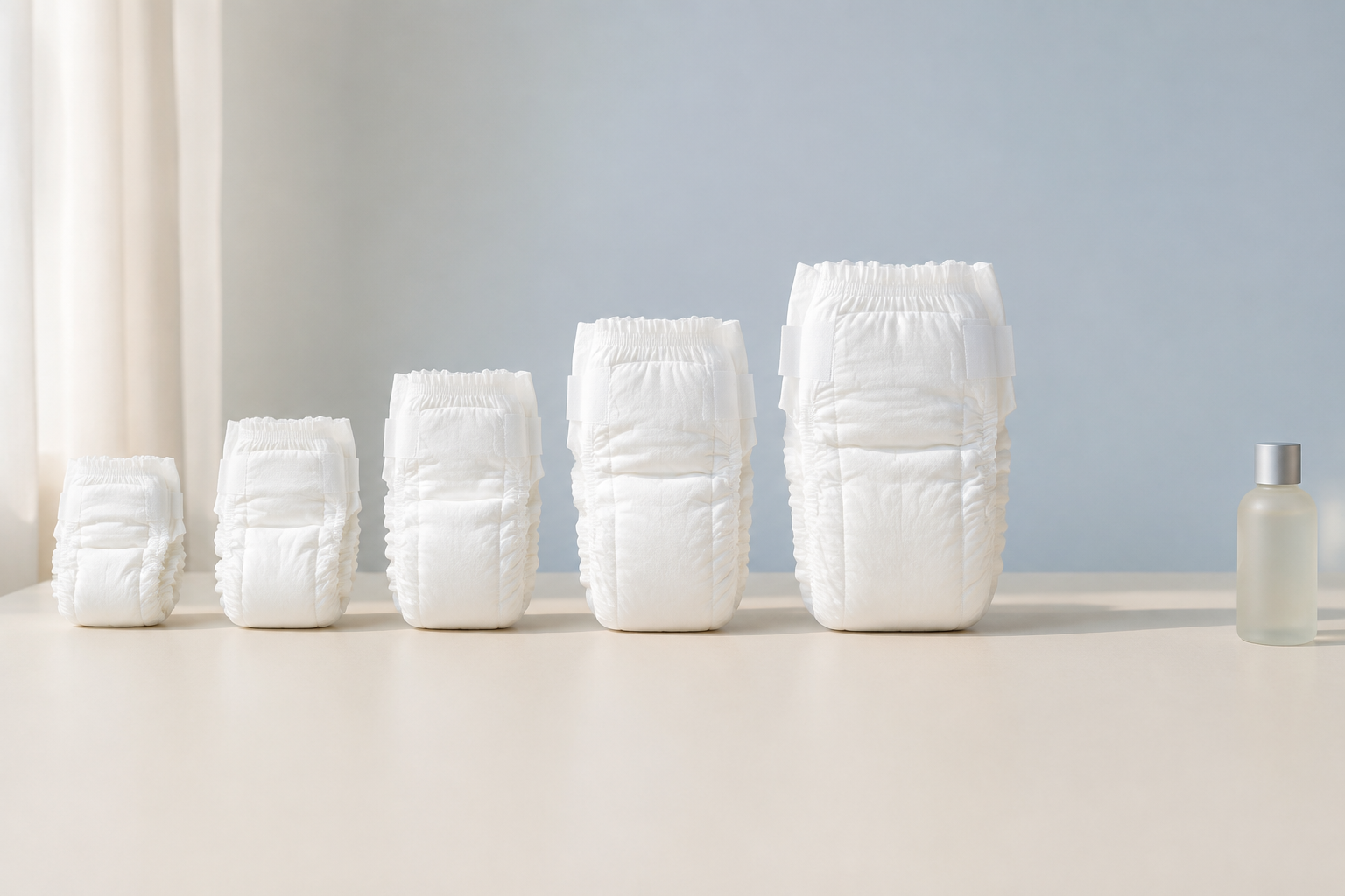Plain white disposable diapers in several sizes arranged in a row, with an unlabeled fragrance bottle separated at the edge.