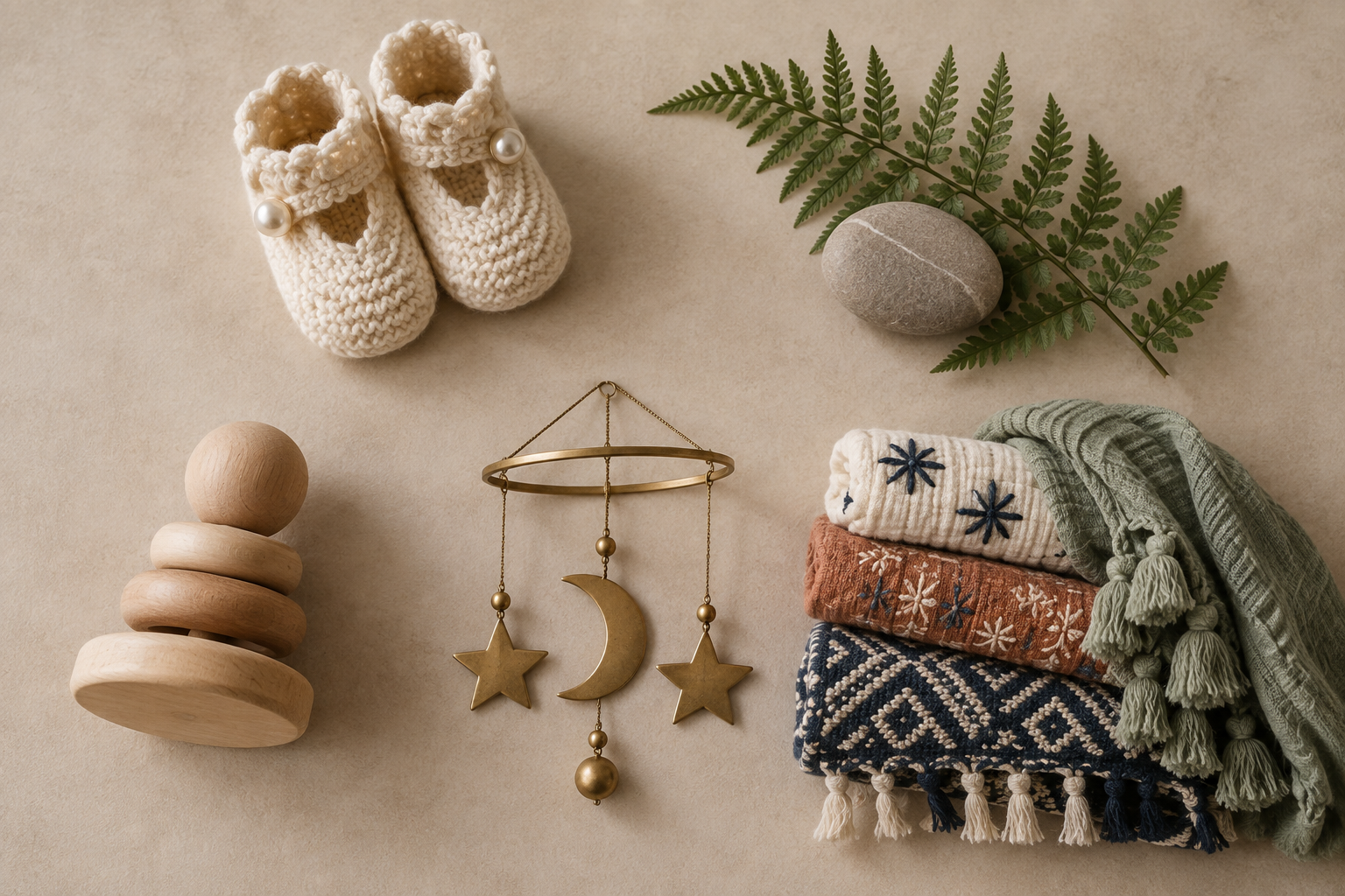 An overhead arrangement of baby booties, natural objects, a wooden toy, a celestial mobile, and woven textiles representing different naming styles.