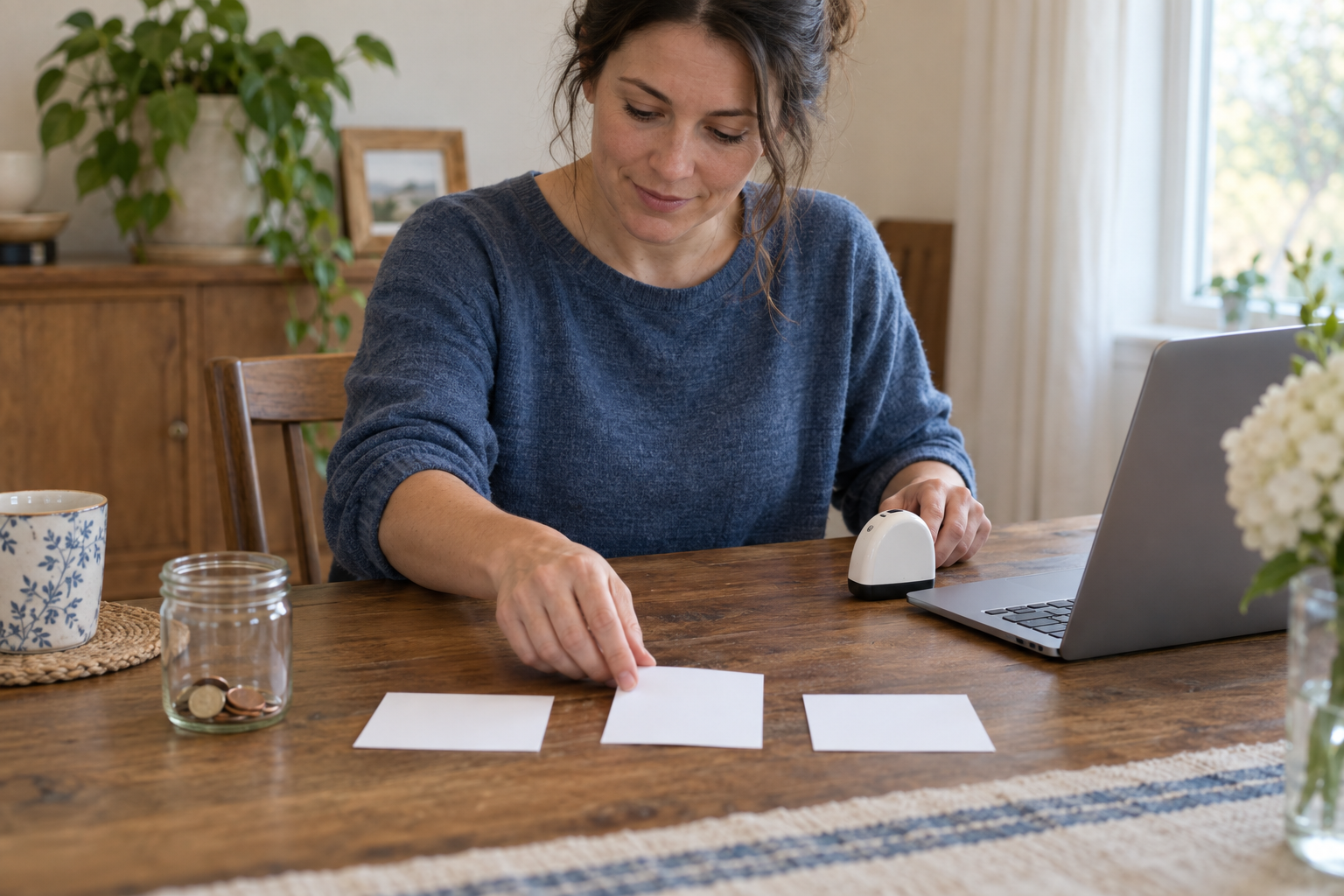 A parent tests a small online task using a laptop, timer, blank cards, and a jar containing a few coins.