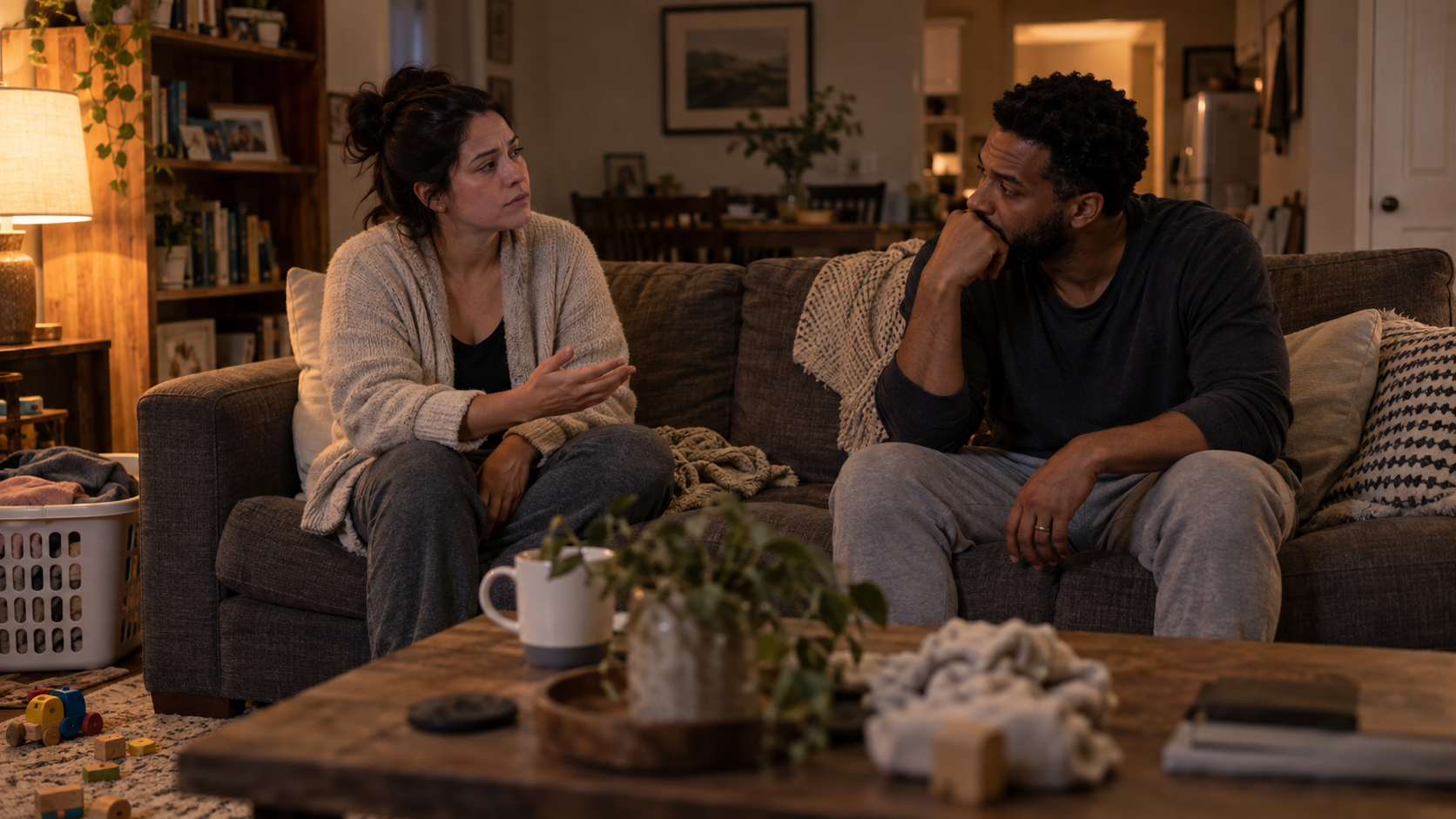 Two tired parents have a calm but serious conversation on a sofa while laundry and children's toys sit nearby.