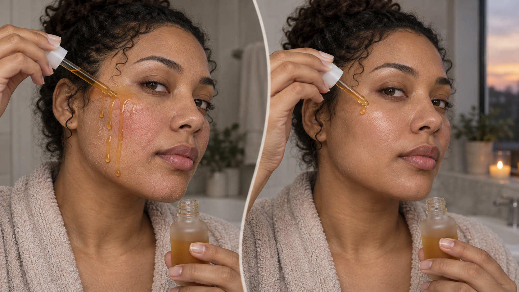 Two close-up views of the same adult show a large amount of serum applied to mildly reddened skin and a small drop applied to calm skin.