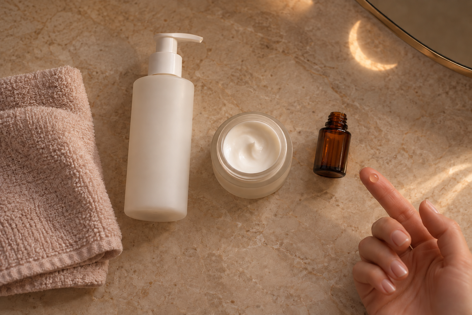 An unlabelled cleanser, moisturizer, amber treatment bottle, washcloth, and fingertip with a small drop are arranged on a stone vanity.
