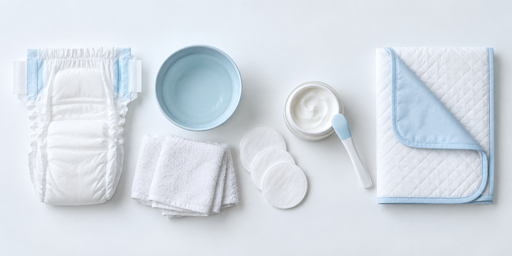Overhead arrangement of a clean diaper, water, washcloths, cotton pads, barrier ointment, and an absorbent changing-pad cover.