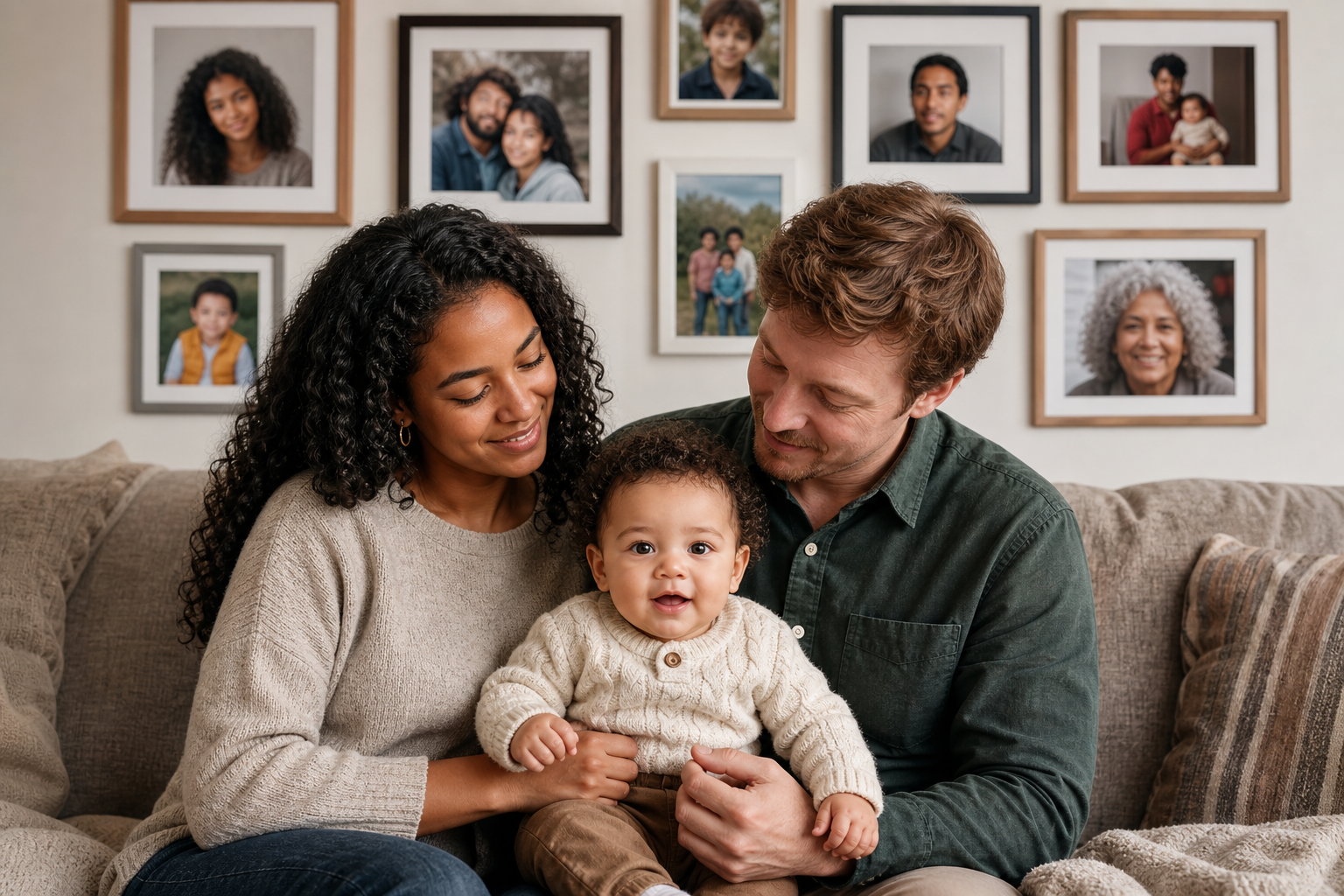 Two parents hold their infant in a room with family portraits showing relatives who have a variety of physical traits.