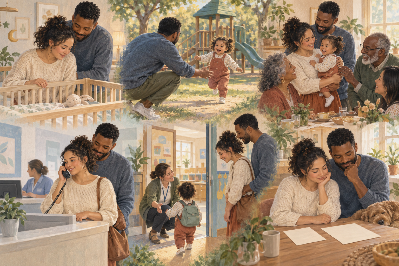 A six-scene illustration of parents trying a baby name at a crib, playground, family gathering, clinic, classroom, and desk.
