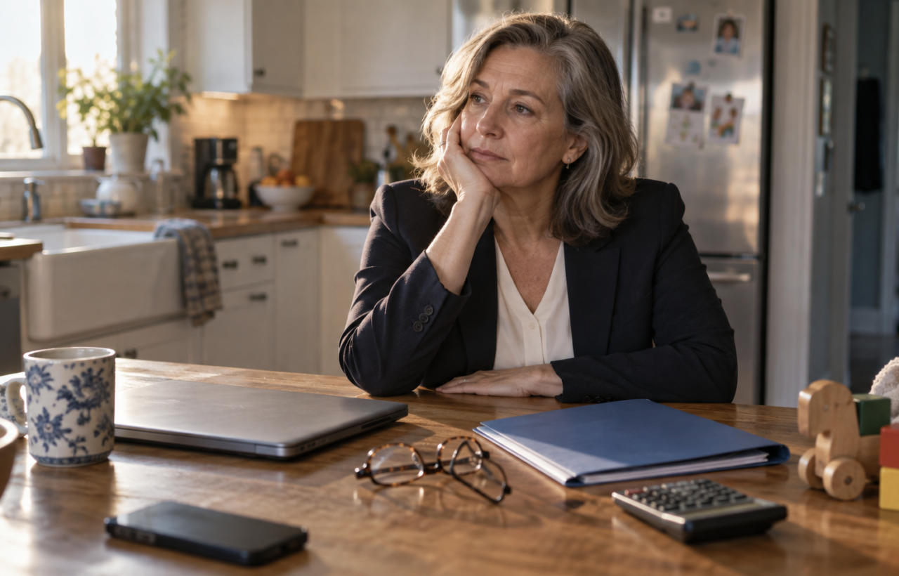 A professional in their mid-50s sits thoughtfully at a kitchen table beside a closed laptop, a plain folder, a calculator, and a toddler's wooden toy.