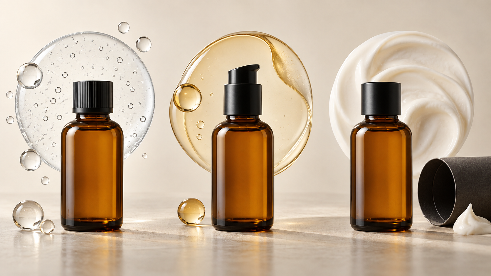 Three similar amber skincare bottles stand in front of visibly different watery, oily, and creamy formulation textures.