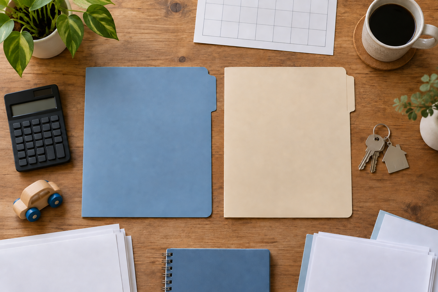 Two plain folders, keys, a calculator, a blank calendar, household papers, and a child's toy are arranged neatly on a wooden table.