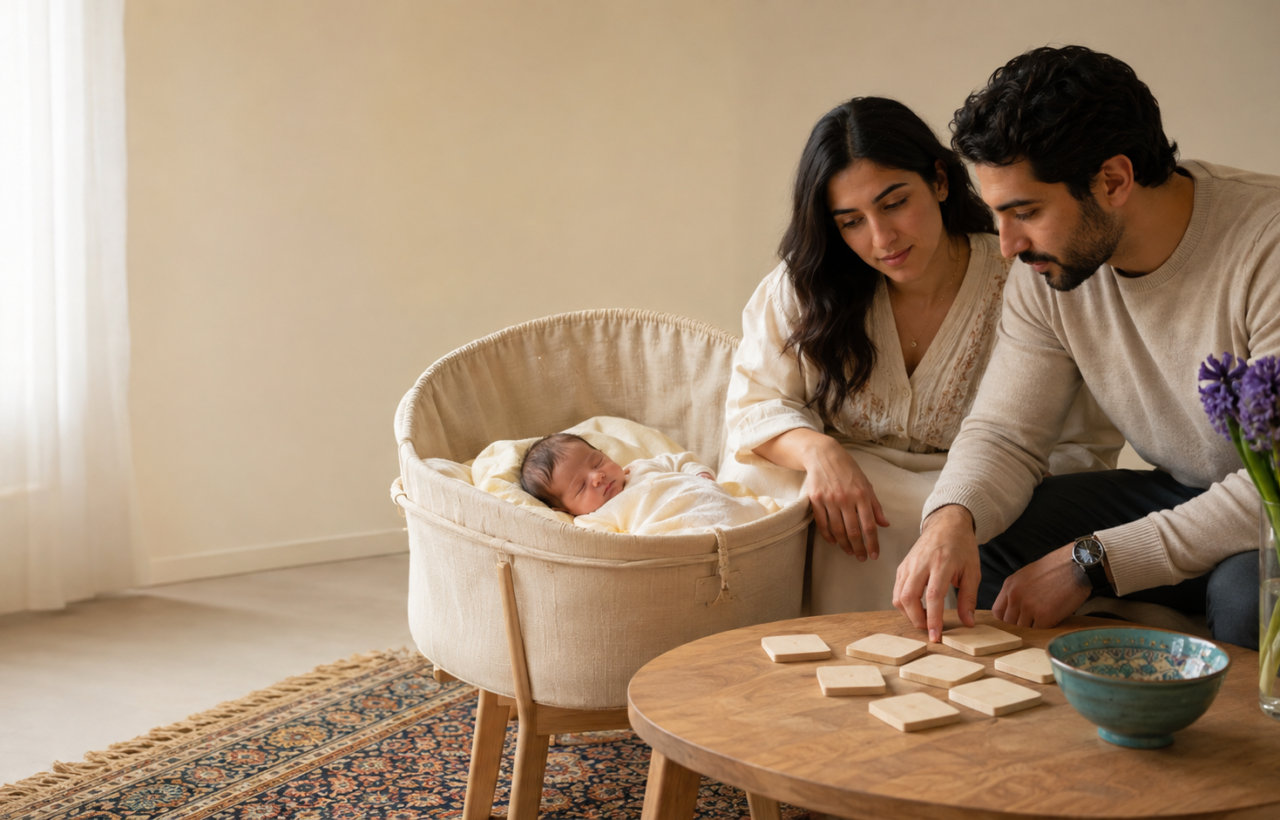 A sleeping newborn beside two parents in a warm nursery with blank wooden keepsake tiles and subtle Persian decor.