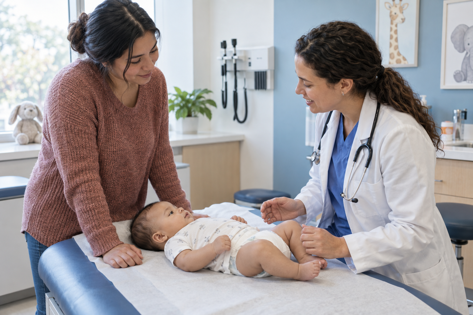 Pediatric clinician examining a diapered infant while discussing the baby's care with a caregiver in an exam room.