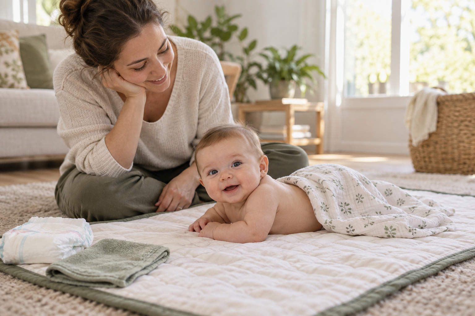 Caregiver supervising a baby during diaper-free air time on a washable absorbent pad.