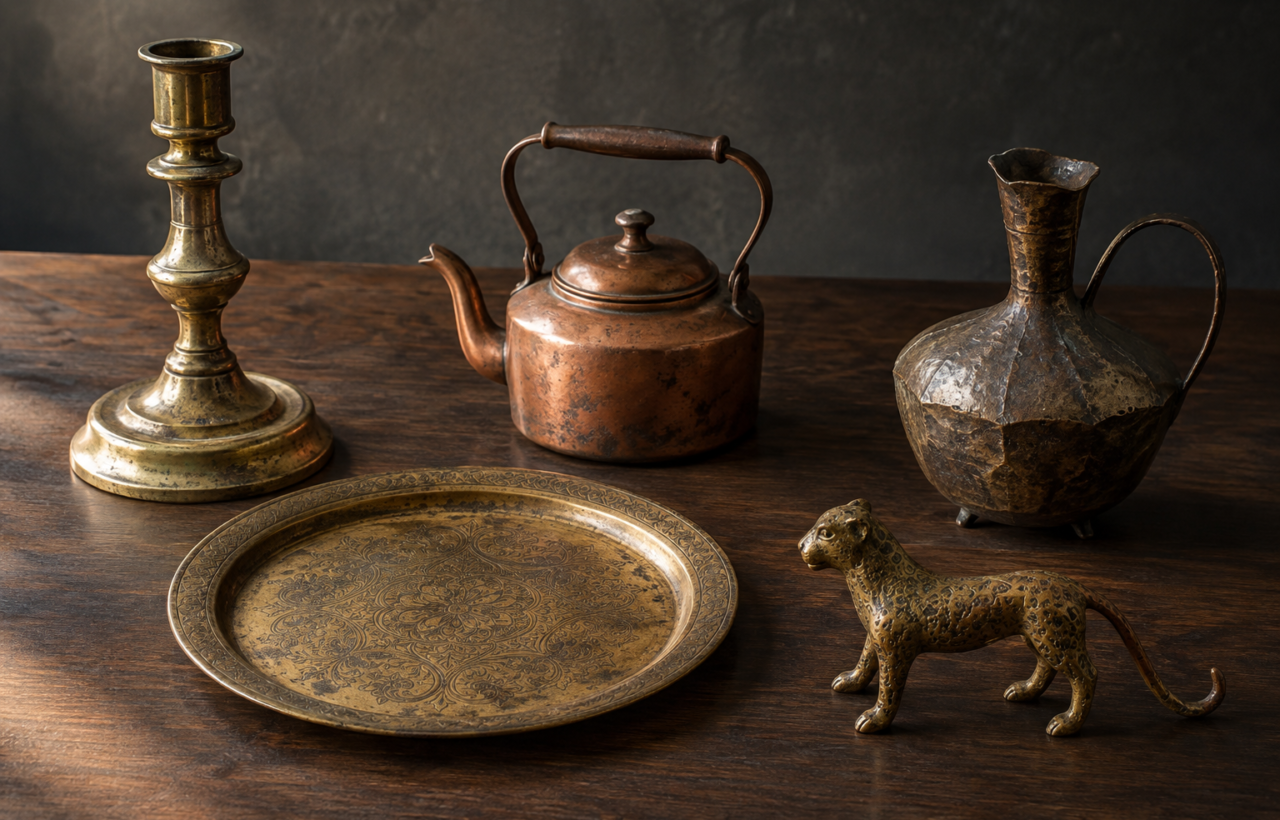A brass candlestick, copper kettle, engraved tray, small figurine, and hand-forged vessel with natural patina on a dark wooden table.