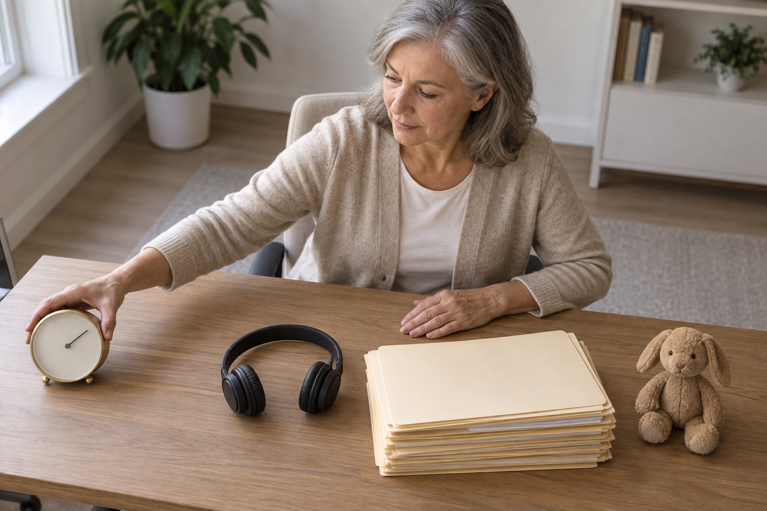 A mature worker sorts a clock, headset, blank folders, and a small toy on a desk to isolate one source of work stress.