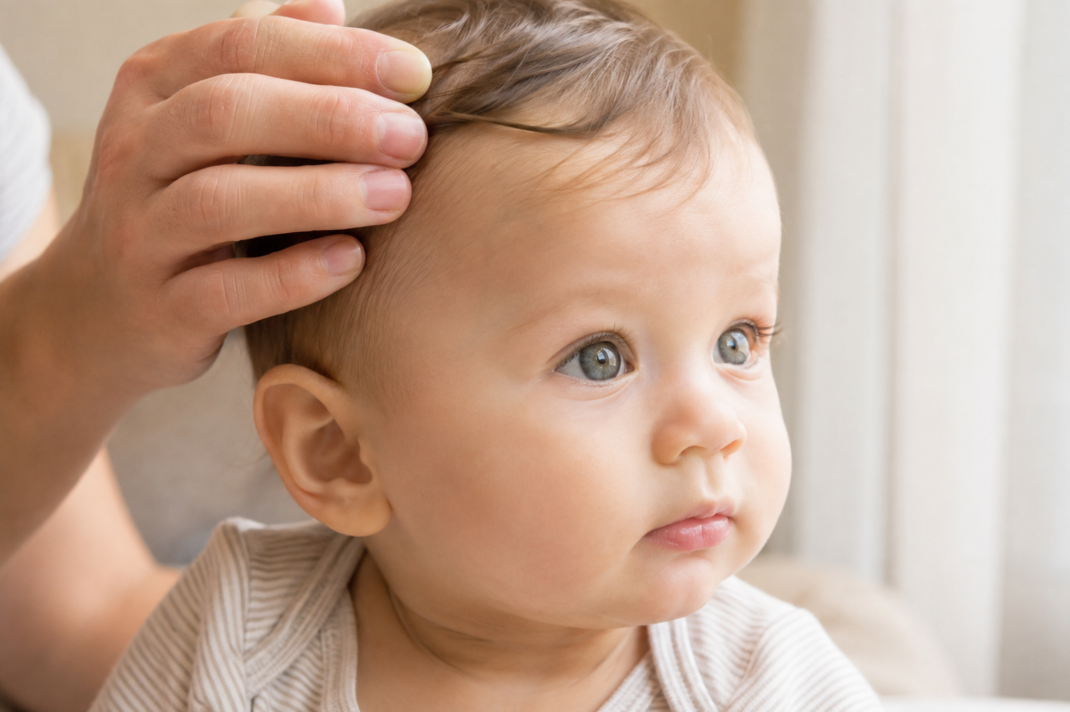 A baby sits by a window as a caregiver gently touches the baby's fine hair, with the eyes illuminated by natural light.