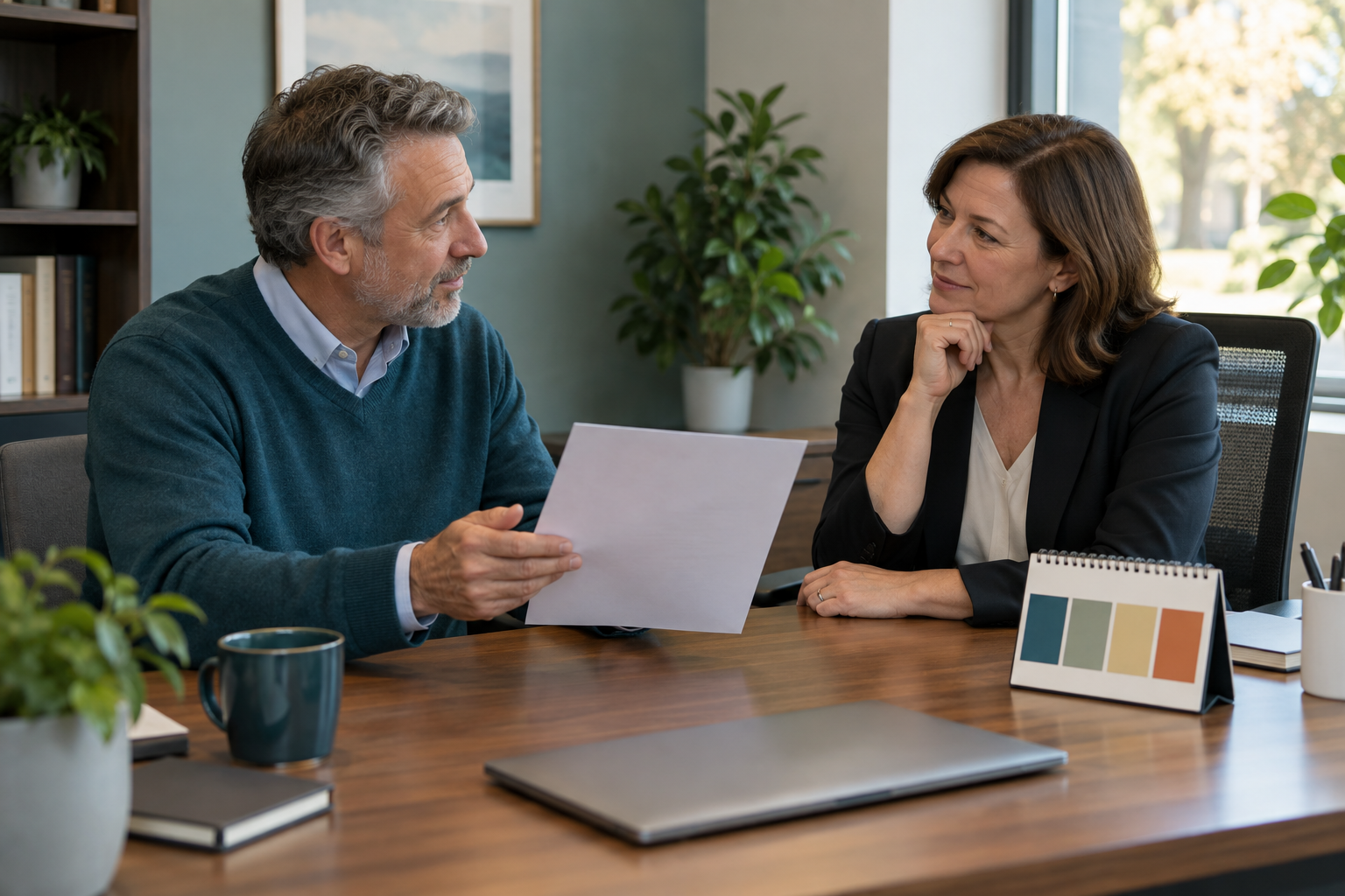 A professional in their mid-50s discusses a blank one-page proposal with a manager during a private office meeting.