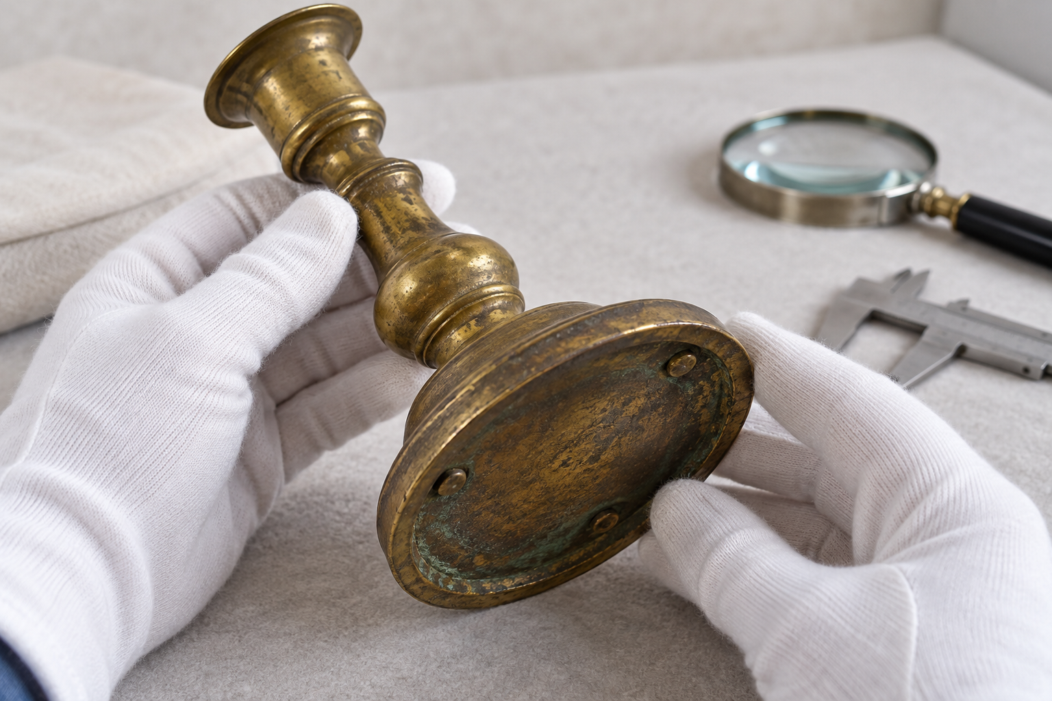 Gloved hands inspect the base and construction details of an unpolished brass candlestick beside a magnifying glass and calipers.
