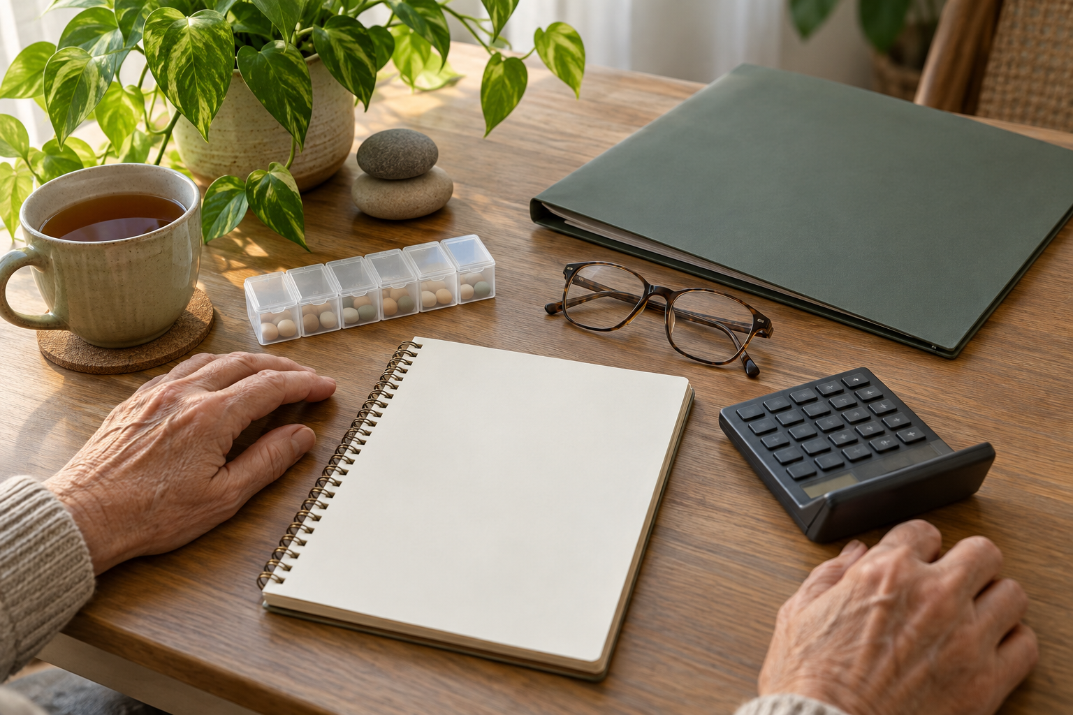 Hands rest beside a blank notebook, calculator, benefits folder, pill organizer, tea, and a plant on a home desk.