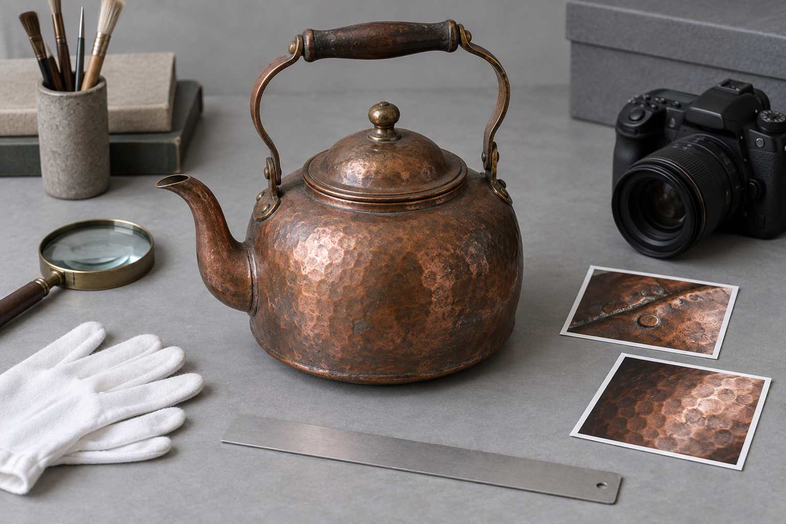 An aged copper kettle with its lid and handle is documented with gloves, a magnifying glass, a camera, and measuring tools.