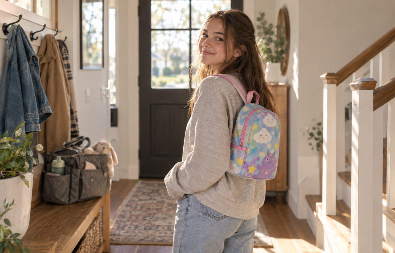 A high school senior carries a small colorful backpack with playful clouds, stars, and an imaginary creature in a family entryway where a diaper bag sits in the background.