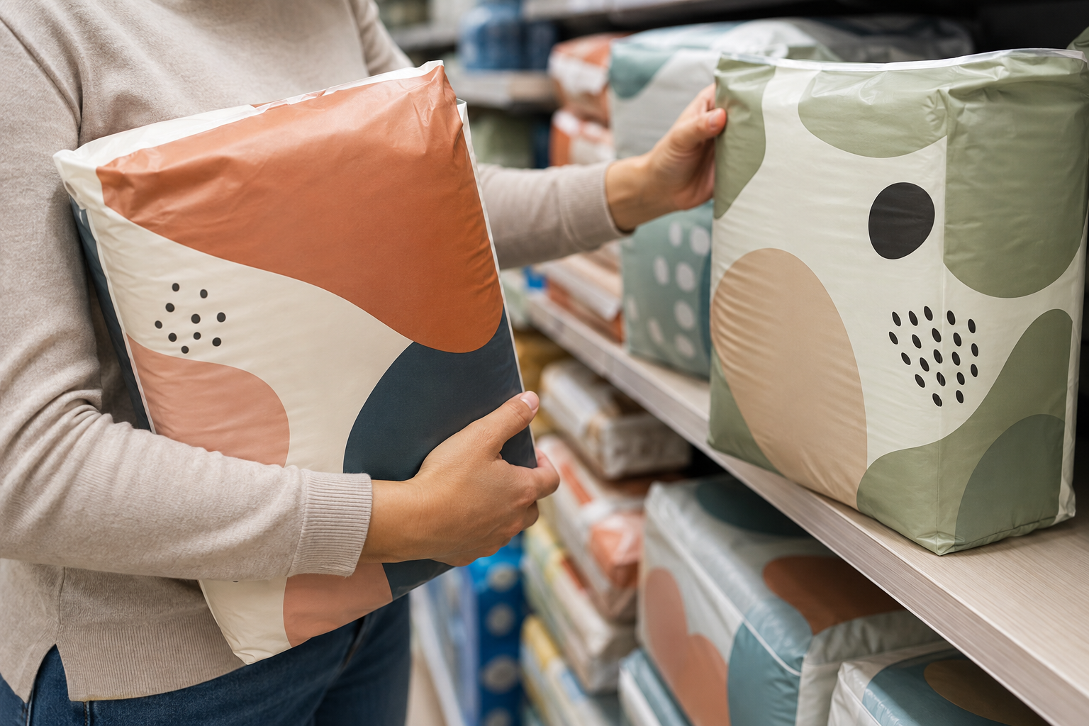 A shopper compares two differently designed, unbranded diaper packages in a baby-care aisle.