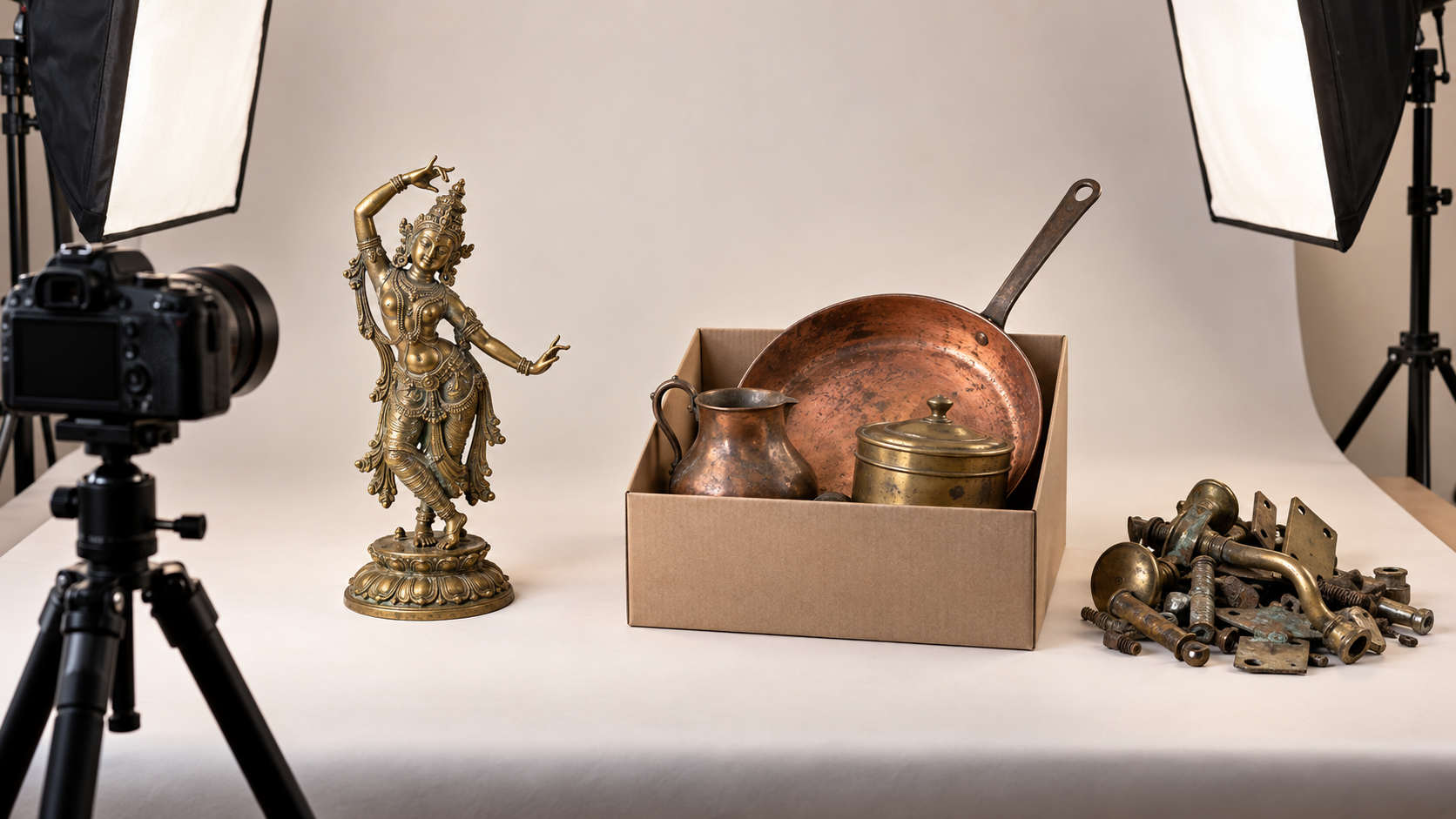 A brass figurine, grouped copper cookware, and damaged brass hardware are separated in a studio for different selling or recycling channels.