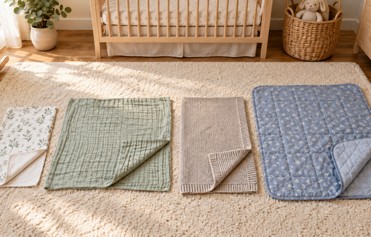 Four baby blankets of different sizes and textures arranged on an ivory nursery rug beside an empty wooden crib.