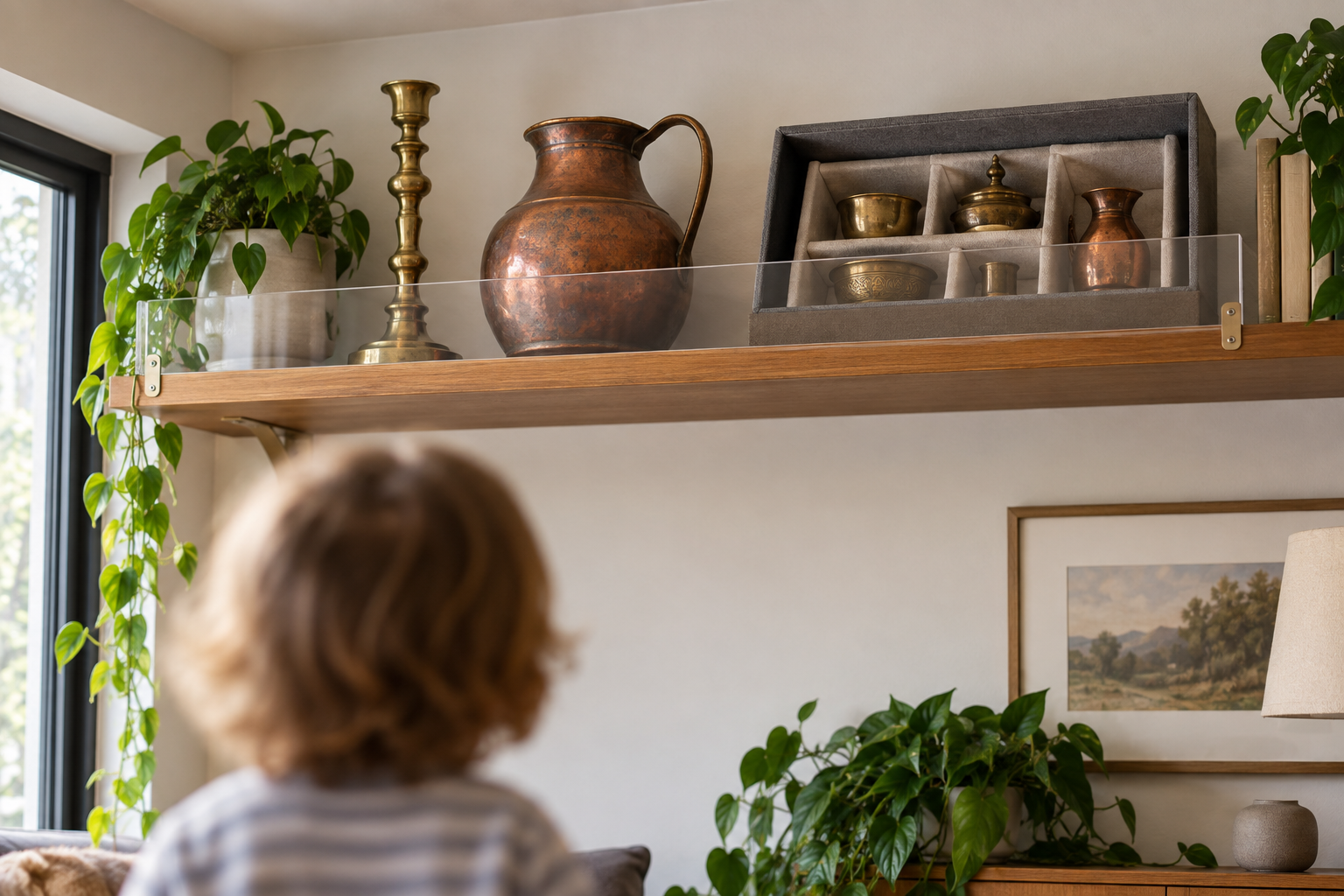 Brass and copper collectibles are secured on a high guarded shelf and in a lined box, out of reach of a child below.