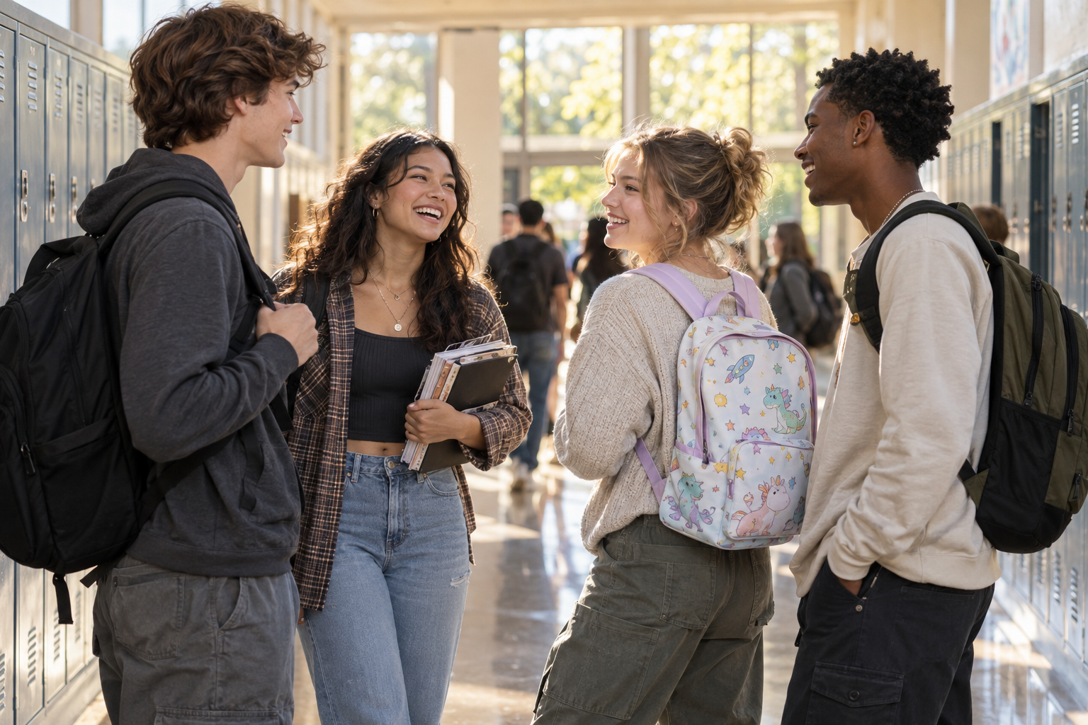 A group of high school seniors socializes in a hallway while one student wears a pastel backpack with playful rocket and fantasy-animal designs.