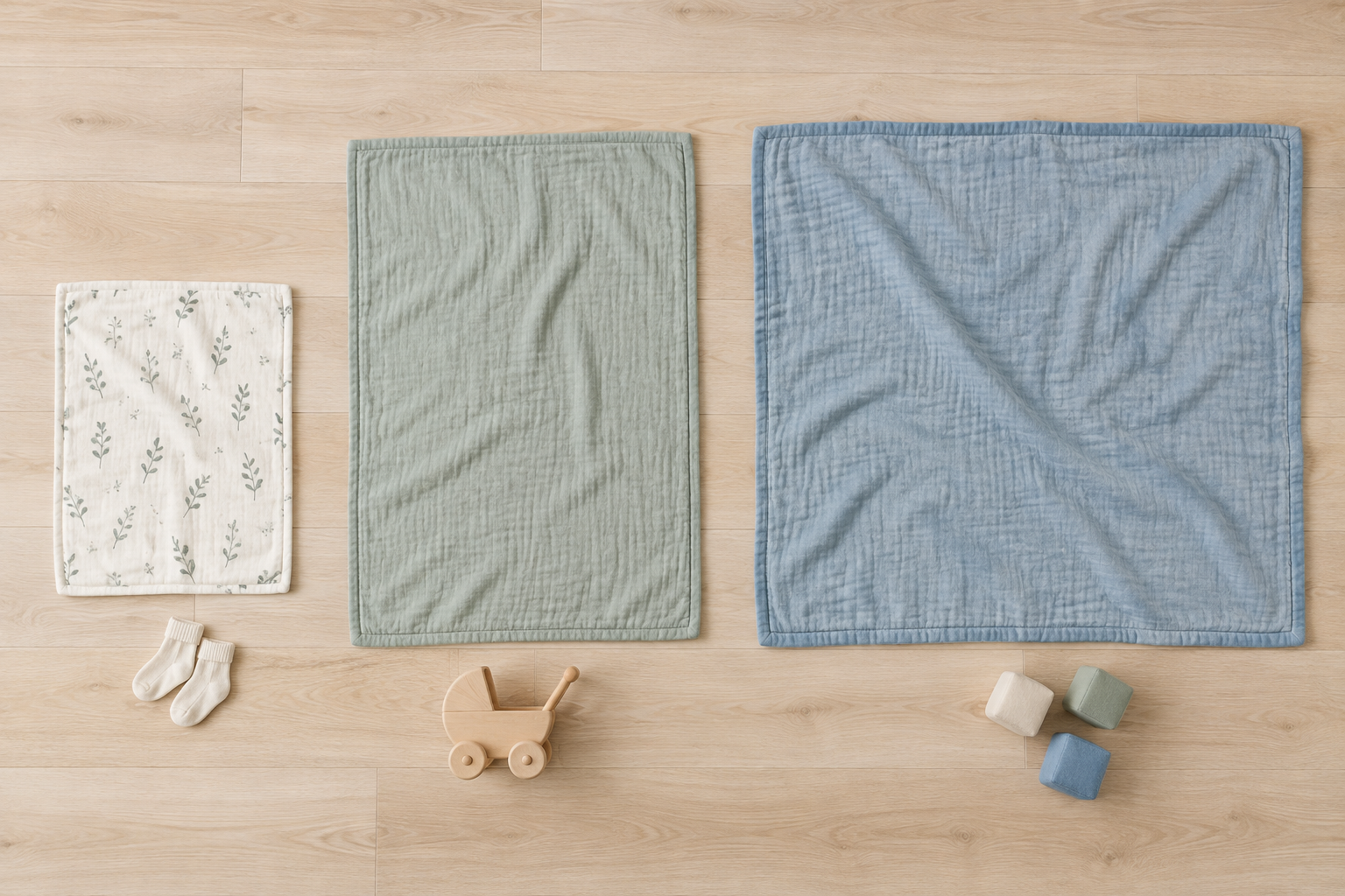 Three unfolded baby blankets in different sizes displayed with baby socks, a stroller toy, and soft play blocks.
