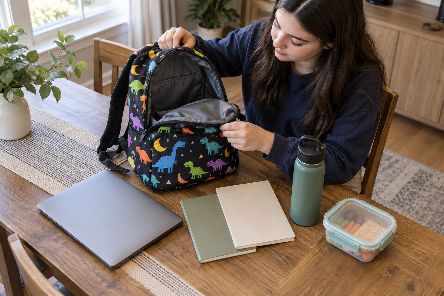 A high school senior checks the size of a colorful dinosaur-patterned backpack beside a laptop, notebooks, water bottle, and lunch container.