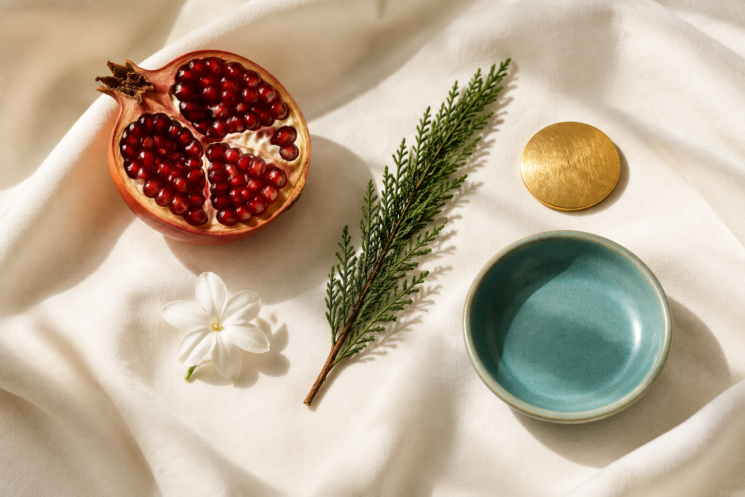 A symbolic still life of pomegranate, cypress, jasmine, a gold-toned disc, and a turquoise dish on ivory fabric.
