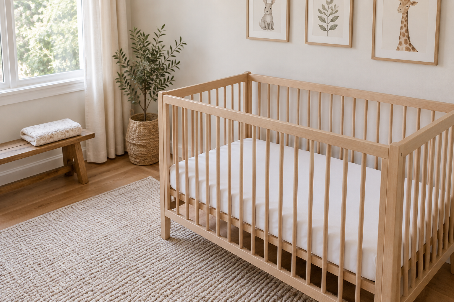 Empty crib with a firm fitted sheet and no loose items, while a folded blanket sits on a bench outside the crib.