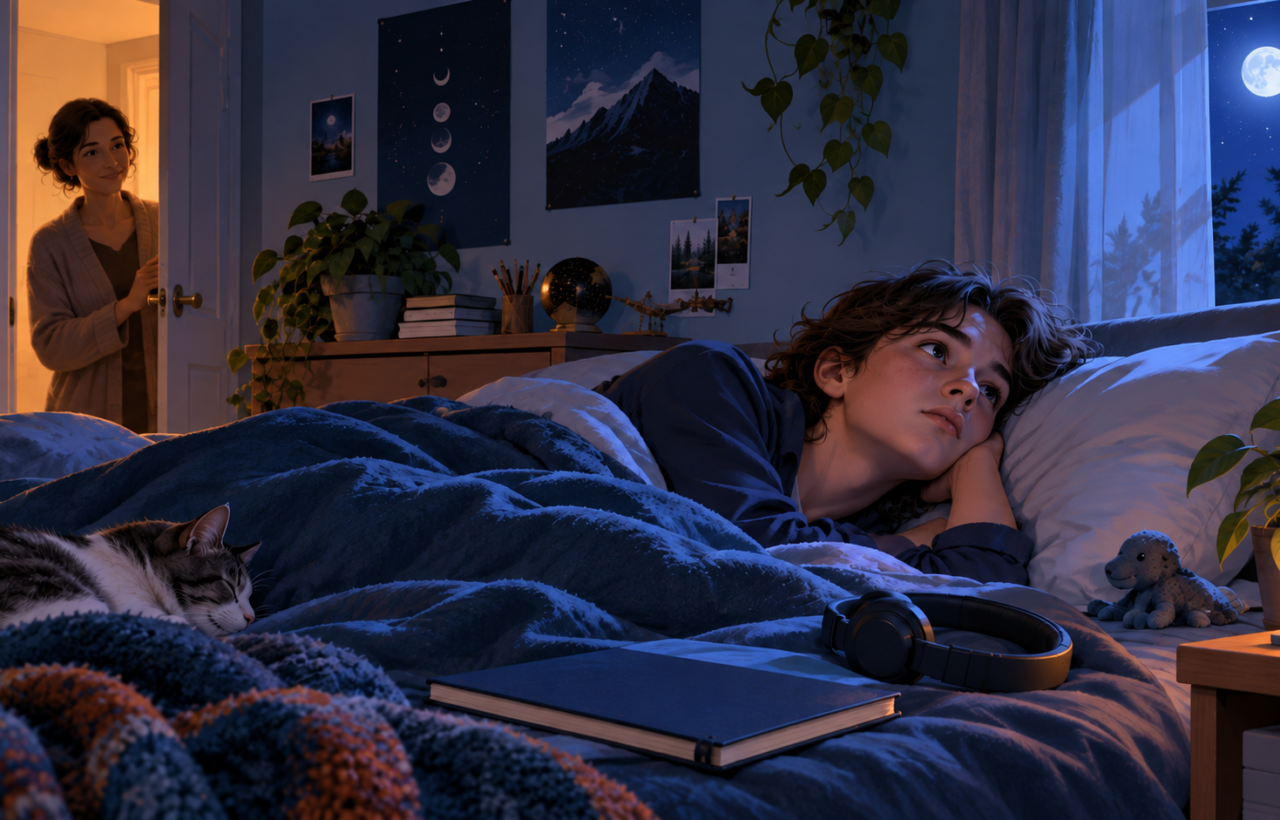 A tired teenager lies awake in a moonlit bedroom while a parent quietly checks in from the softly lit doorway.