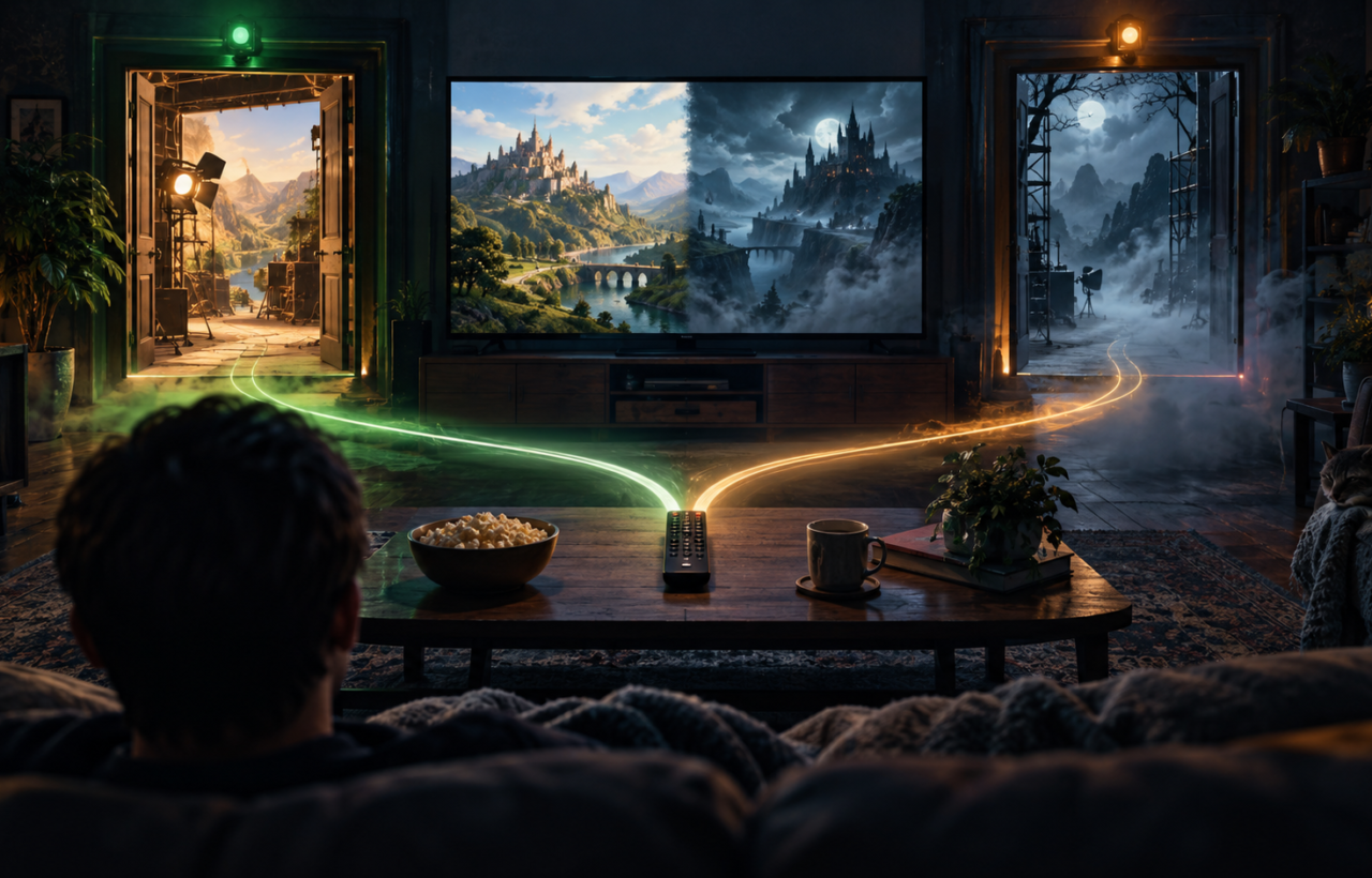 Editorial illustration of a viewer facing two symbolic television-production paths, one marked by green light and the other by uncertain amber light.