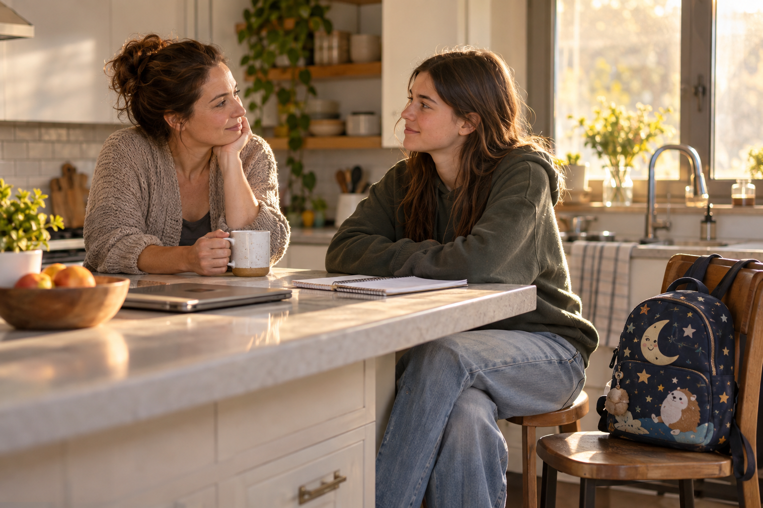 A parent and high school senior talk calmly in a kitchen while a small backpack with playful moon, star, and imaginary-animal designs rests on a chair.