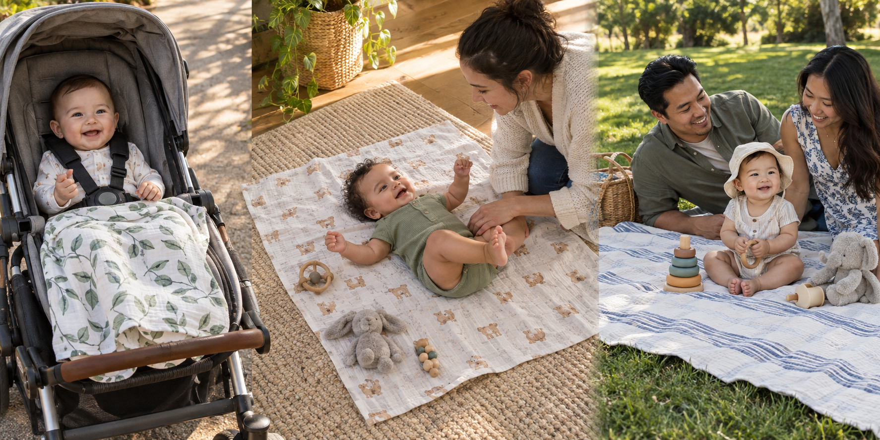 Baby blankets used over an infant's legs in a stroller, under supervised floor play, and on the grass for a picnic.